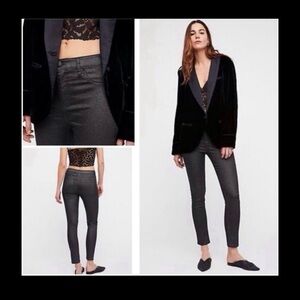 Free People Coated Black Skinny Jeans 25 High Rise Raw Hem Moto Style Streetwear